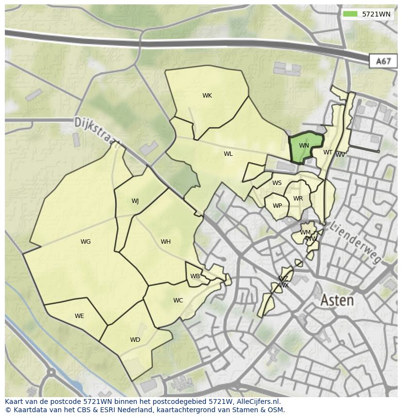 Afbeelding van het postcodegebied 5721 WN op de kaart.