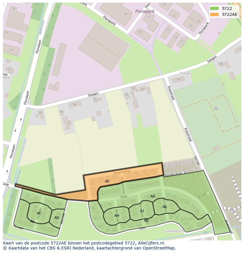 Afbeelding van het postcodegebied 5722 AE op de kaart.