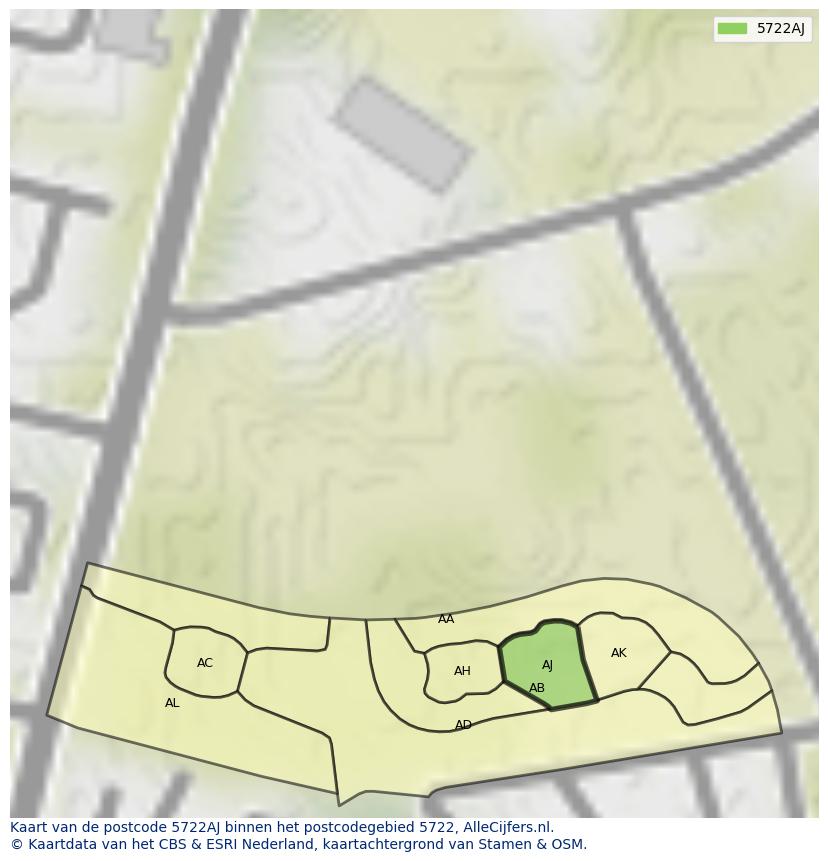 Afbeelding van het postcodegebied 5722 AJ op de kaart.