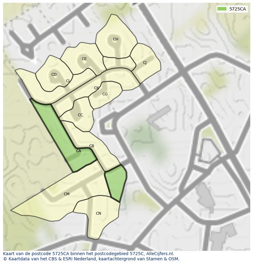 Afbeelding van het postcodegebied 5725 CA op de kaart.