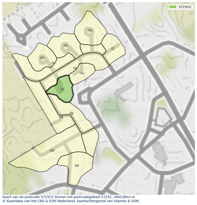 Afbeelding van het postcodegebied 5725 CC op de kaart.