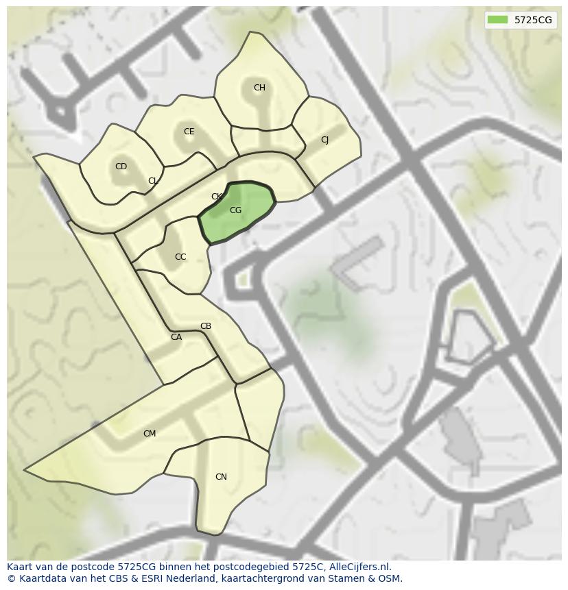 Afbeelding van het postcodegebied 5725 CG op de kaart.