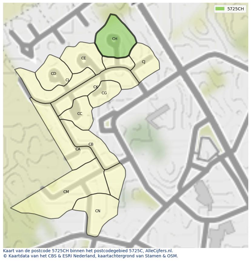 Afbeelding van het postcodegebied 5725 CH op de kaart.