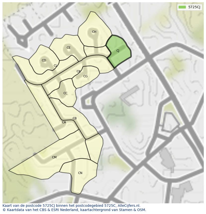 Afbeelding van het postcodegebied 5725 CJ op de kaart.