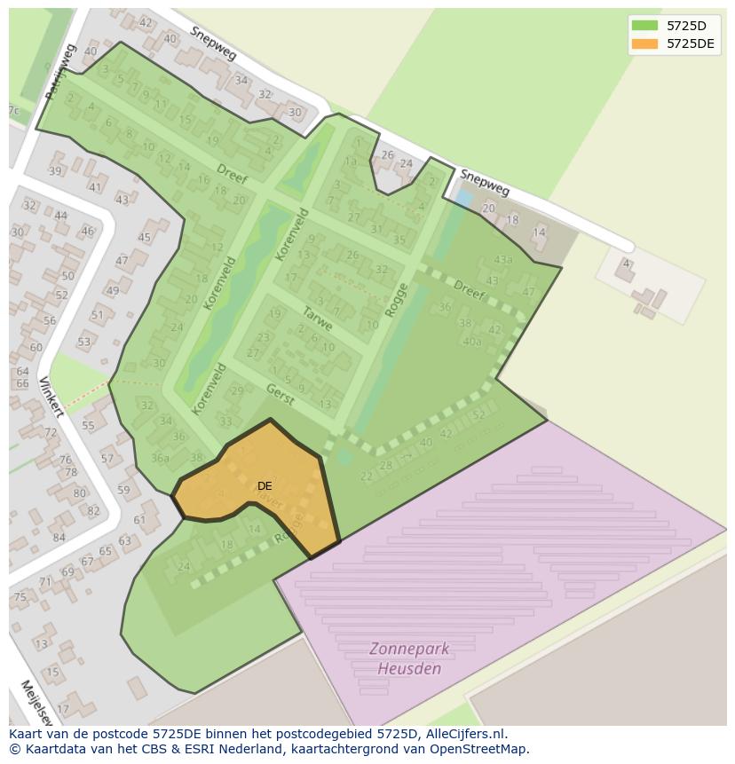 Afbeelding van het postcodegebied 5725 DE op de kaart.