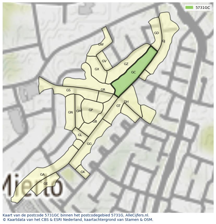 Afbeelding van het postcodegebied 5731 GC op de kaart.