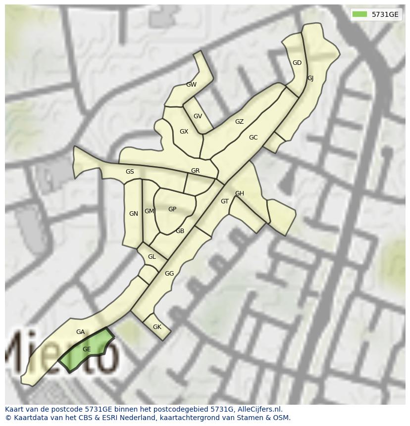 Afbeelding van het postcodegebied 5731 GE op de kaart.