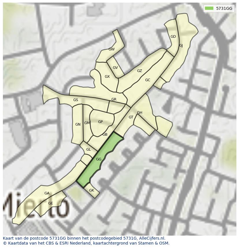 Afbeelding van het postcodegebied 5731 GG op de kaart.