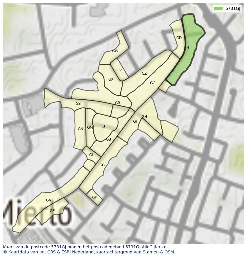 Afbeelding van het postcodegebied 5731 GJ op de kaart.