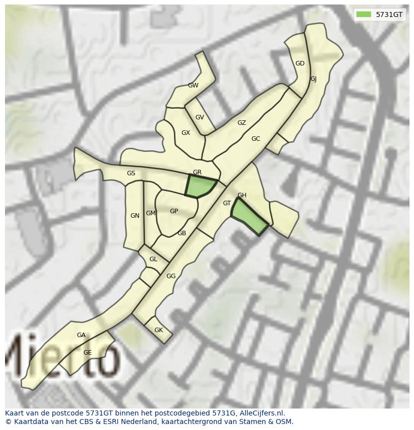 Afbeelding van het postcodegebied 5731 GT op de kaart.