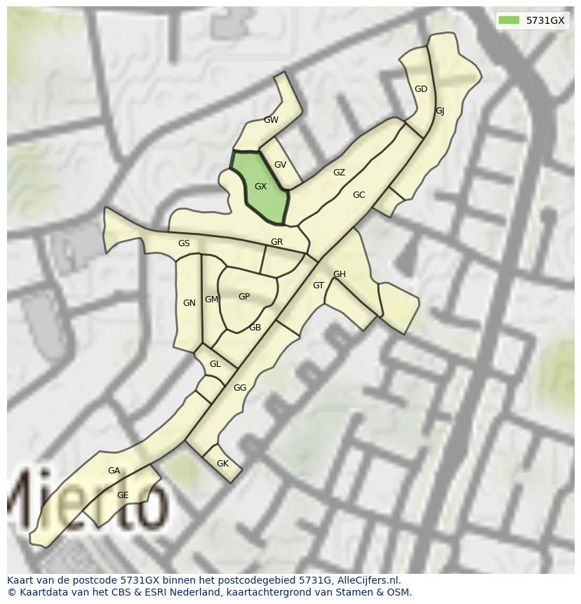 Afbeelding van het postcodegebied 5731 GX op de kaart.