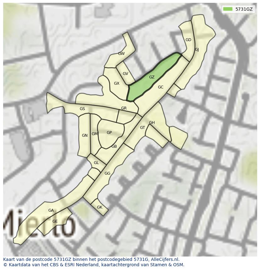 Afbeelding van het postcodegebied 5731 GZ op de kaart.