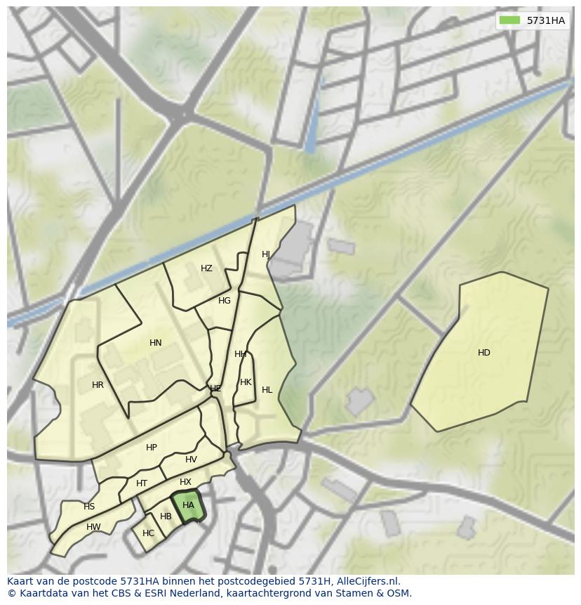 Afbeelding van het postcodegebied 5731 HA op de kaart.