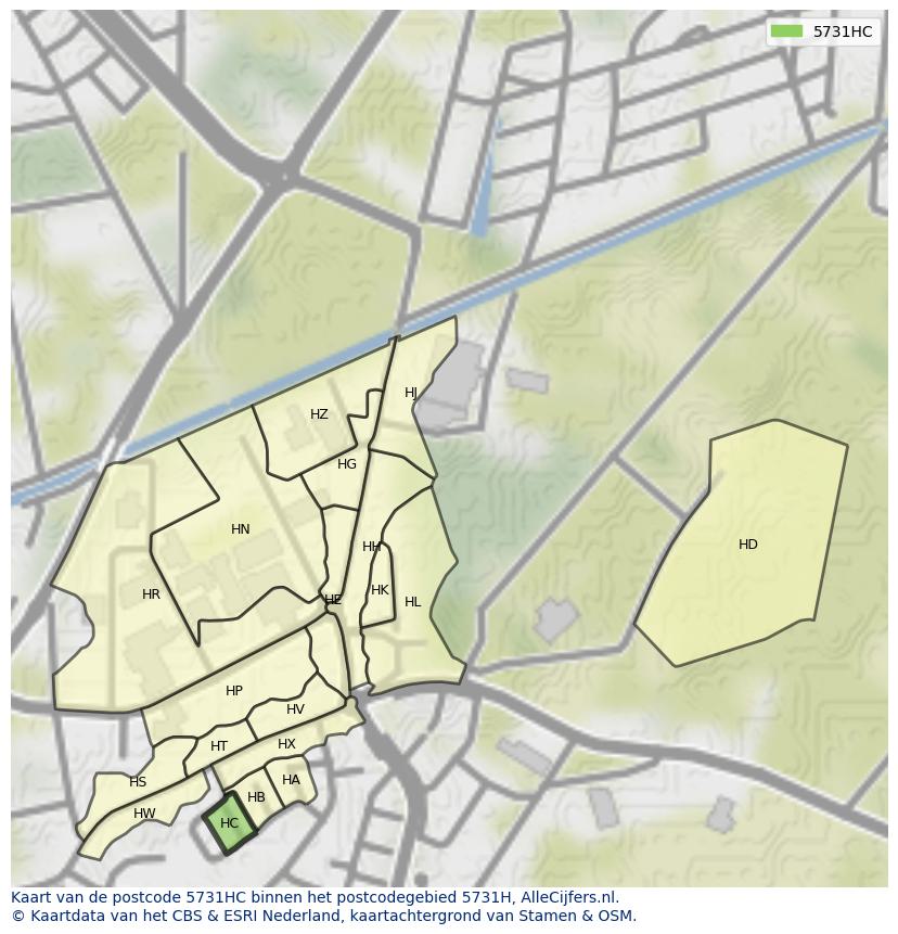 Afbeelding van het postcodegebied 5731 HC op de kaart.