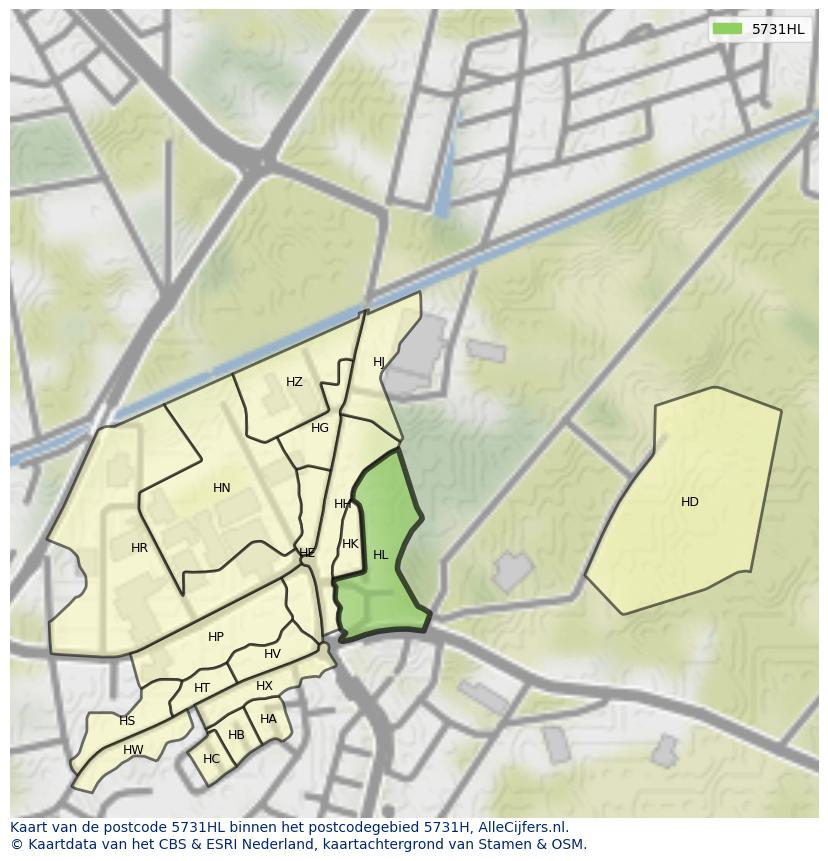 Afbeelding van het postcodegebied 5731 HL op de kaart.