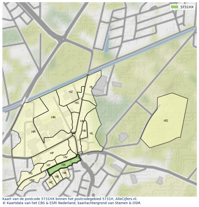 Afbeelding van het postcodegebied 5731 HX op de kaart.