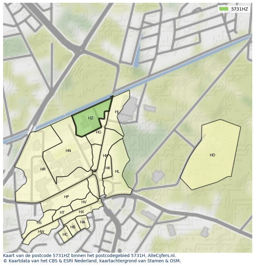 Afbeelding van het postcodegebied 5731 HZ op de kaart.
