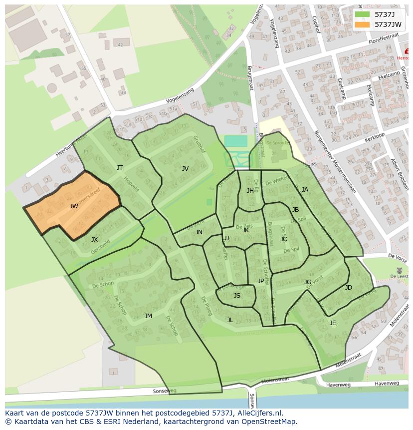 Afbeelding van het postcodegebied 5737 JW op de kaart.