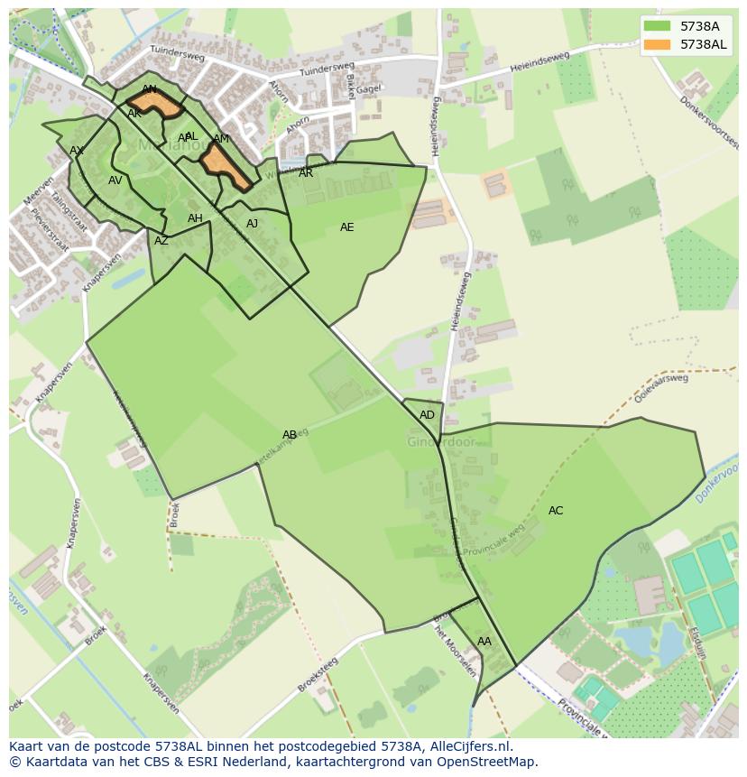 Afbeelding van het postcodegebied 5738 AL op de kaart.