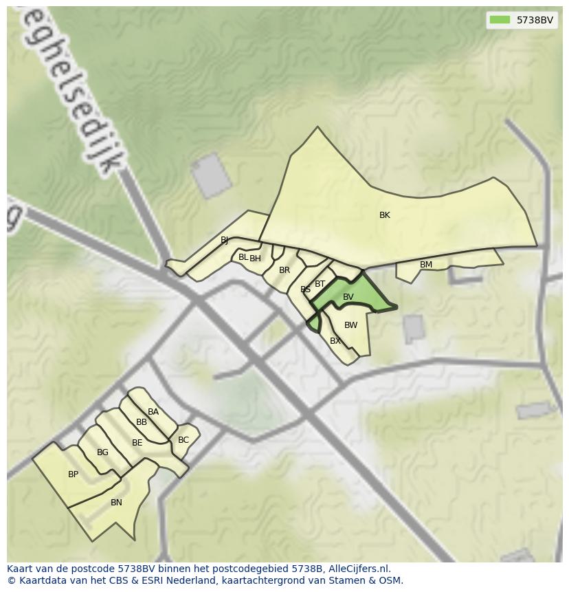 Afbeelding van het postcodegebied 5738 BV op de kaart.