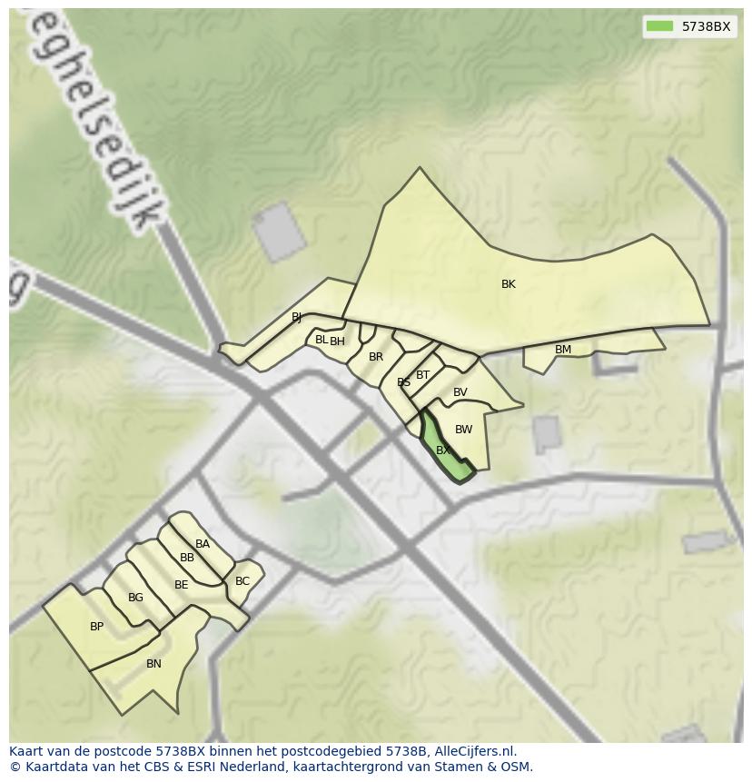Afbeelding van het postcodegebied 5738 BX op de kaart.