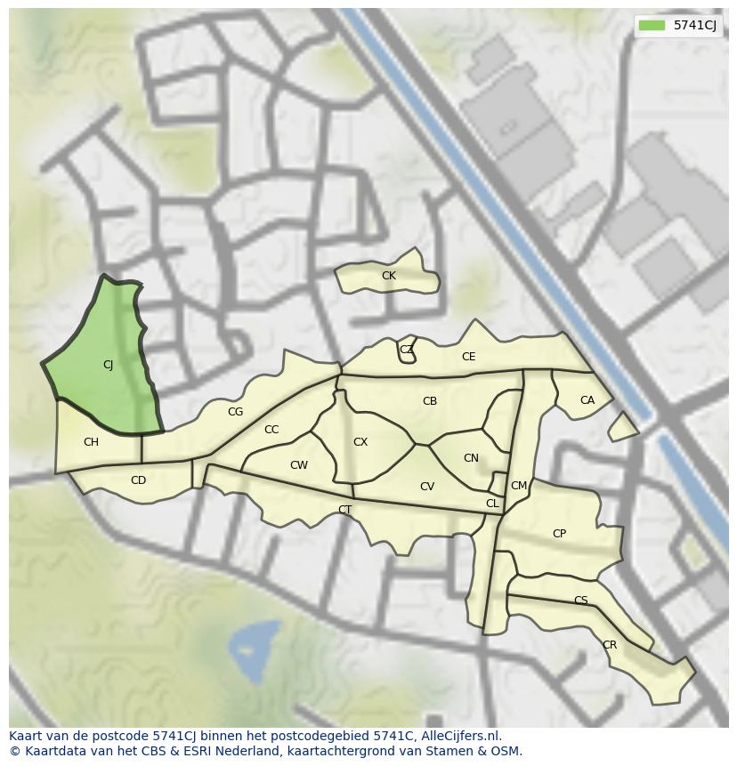Afbeelding van het postcodegebied 5741 CJ op de kaart.