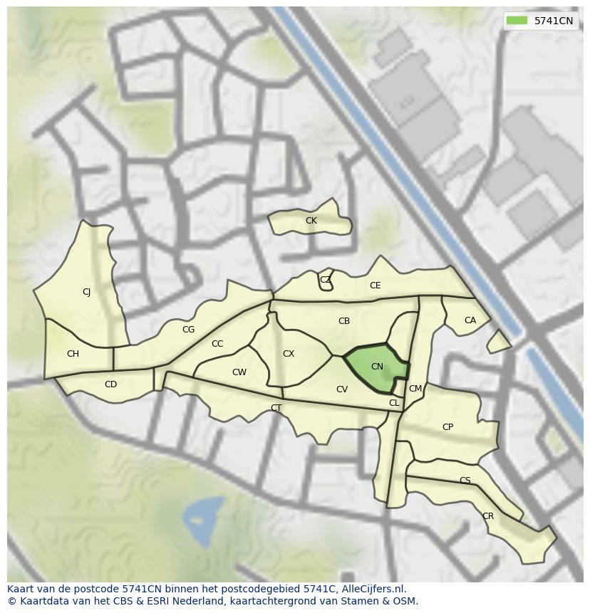 Afbeelding van het postcodegebied 5741 CN op de kaart.