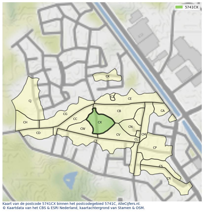 Afbeelding van het postcodegebied 5741 CX op de kaart.