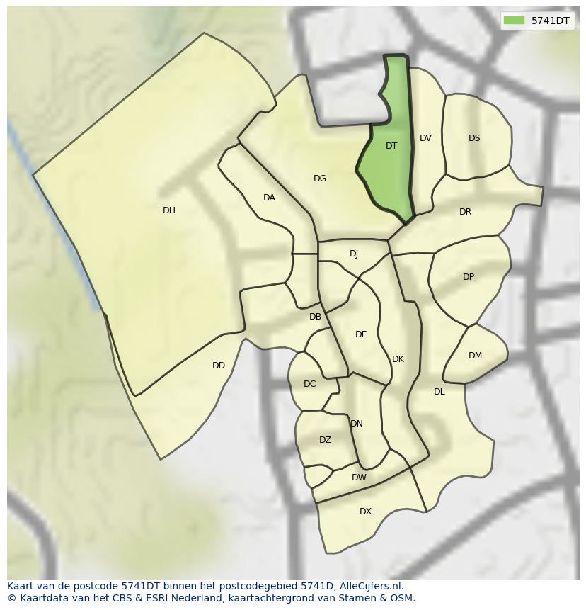 Afbeelding van het postcodegebied 5741 DT op de kaart.