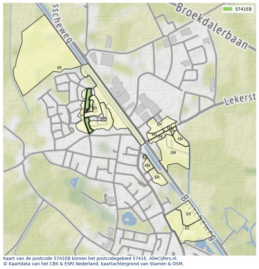 Afbeelding van het postcodegebied 5741 EB op de kaart.