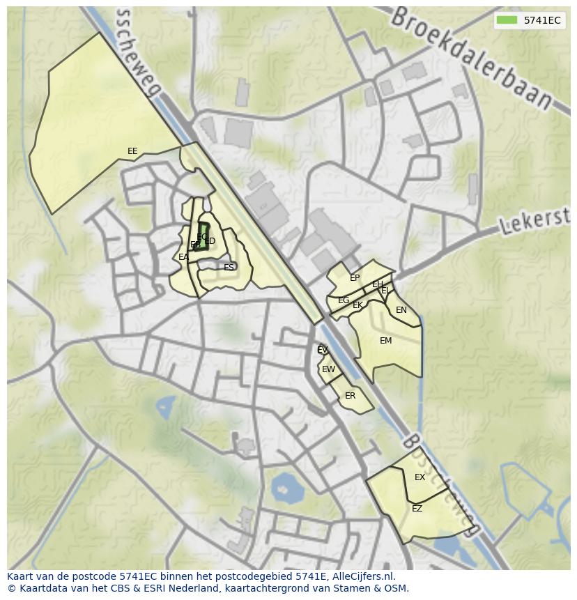 Afbeelding van het postcodegebied 5741 EC op de kaart.