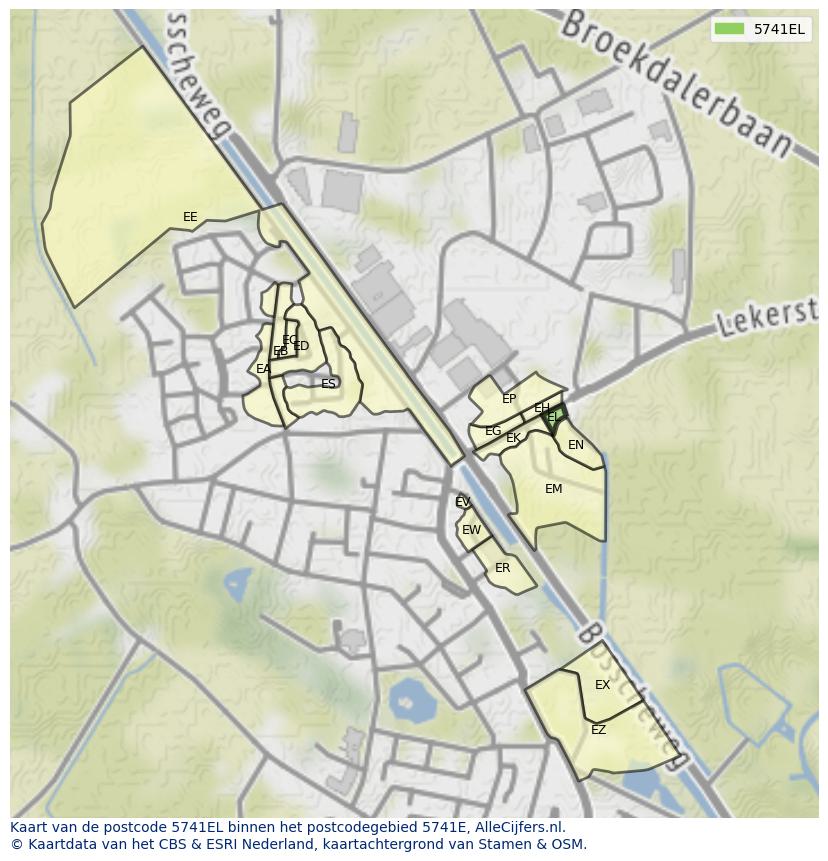 Afbeelding van het postcodegebied 5741 EL op de kaart.