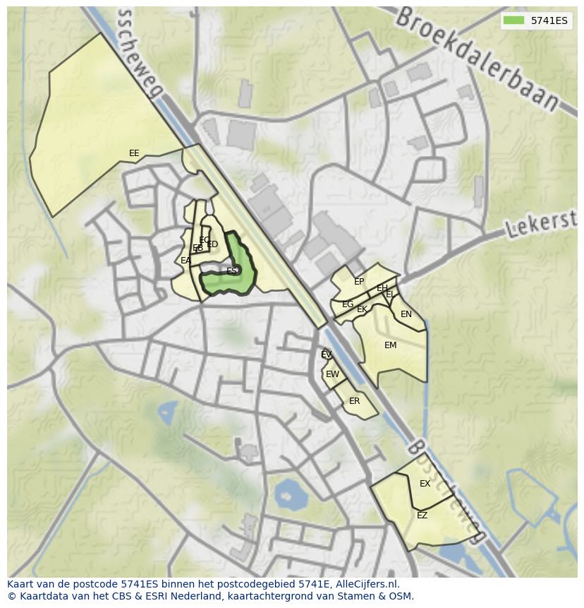Afbeelding van het postcodegebied 5741 ES op de kaart.