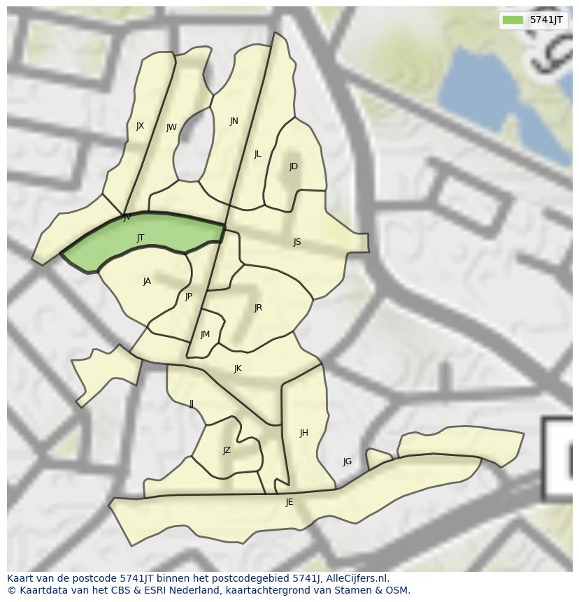 Afbeelding van het postcodegebied 5741 JT op de kaart.