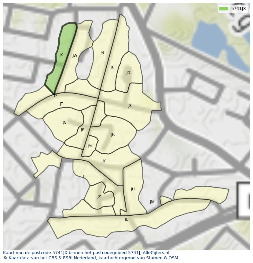 Afbeelding van het postcodegebied 5741 JX op de kaart.