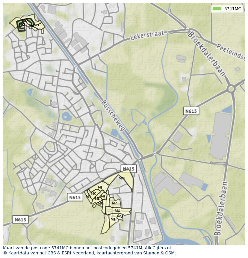 Afbeelding van het postcodegebied 5741 MC op de kaart.