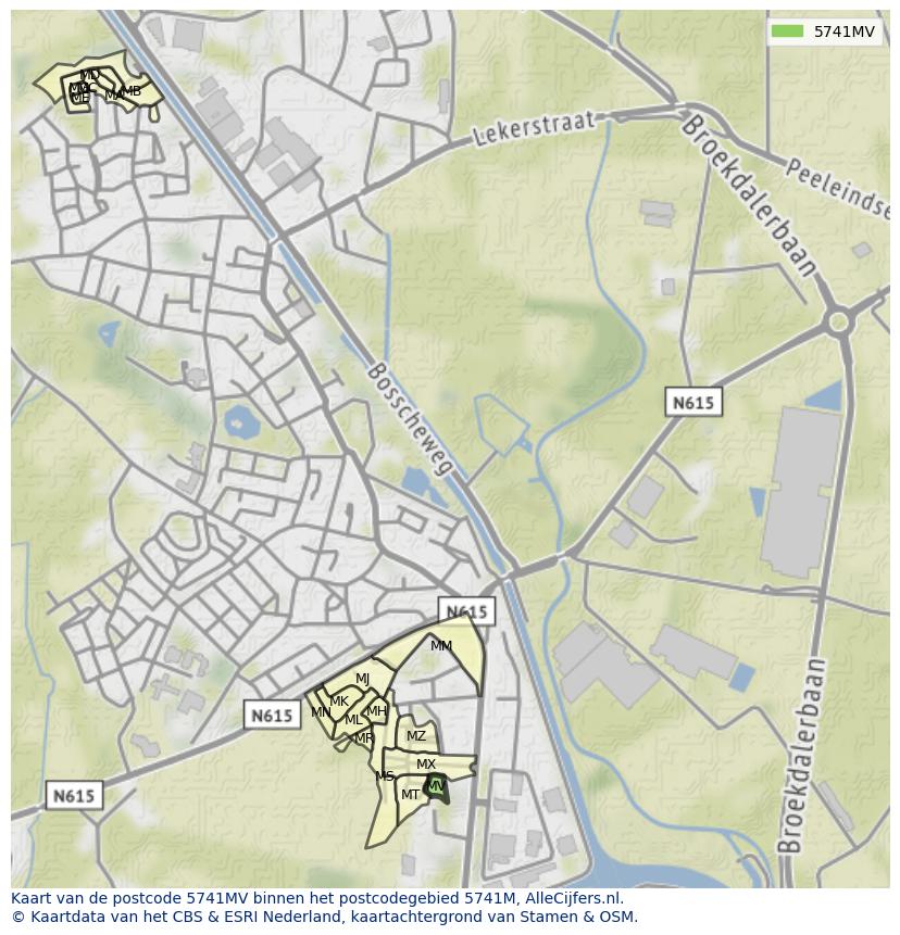 Afbeelding van het postcodegebied 5741 MV op de kaart.