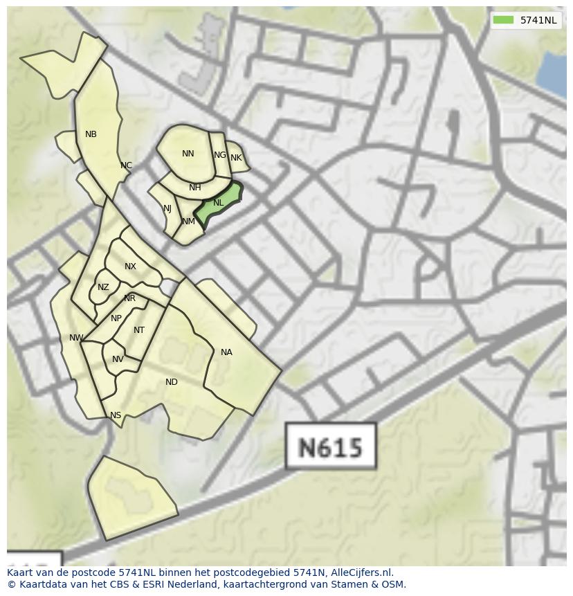 Afbeelding van het postcodegebied 5741 NL op de kaart.