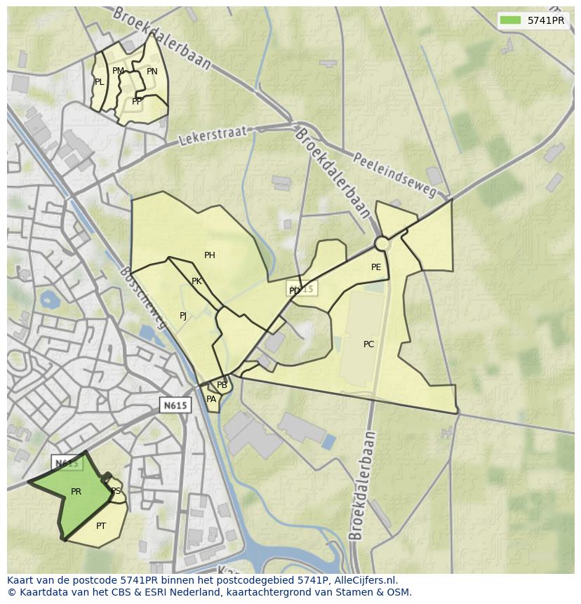 Afbeelding van het postcodegebied 5741 PR op de kaart.