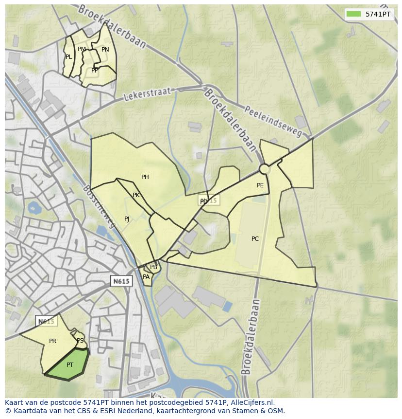 Afbeelding van het postcodegebied 5741 PT op de kaart.