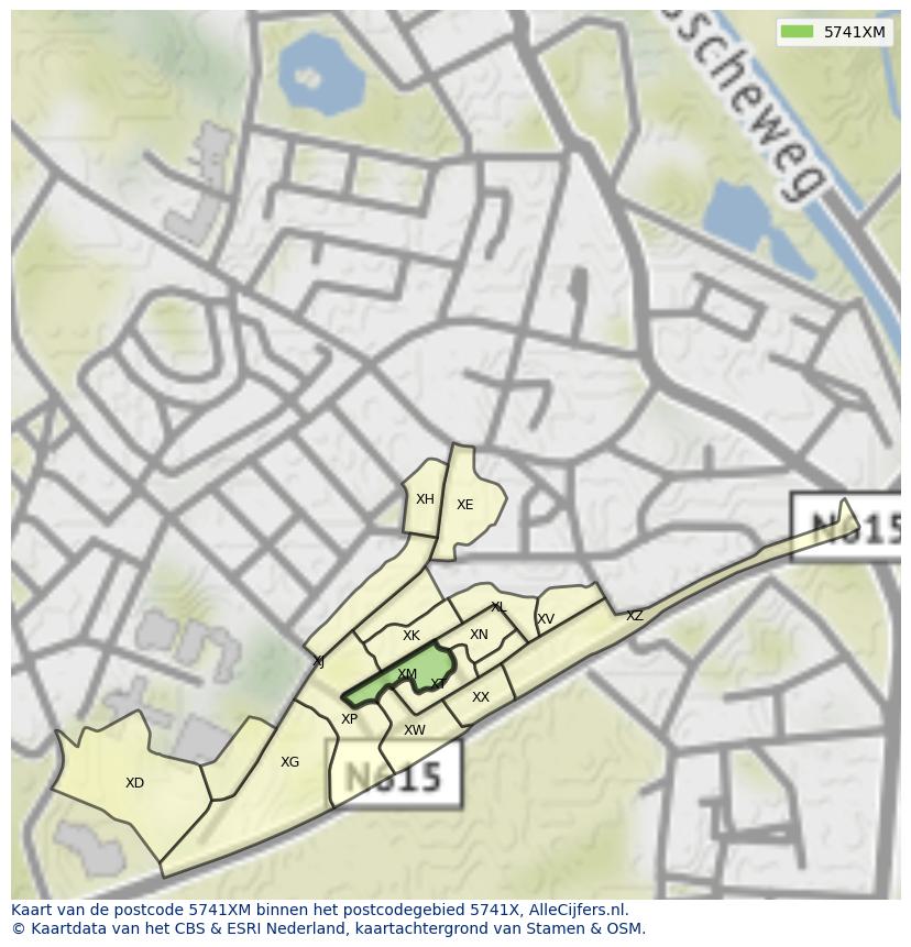 Afbeelding van het postcodegebied 5741 XM op de kaart.
