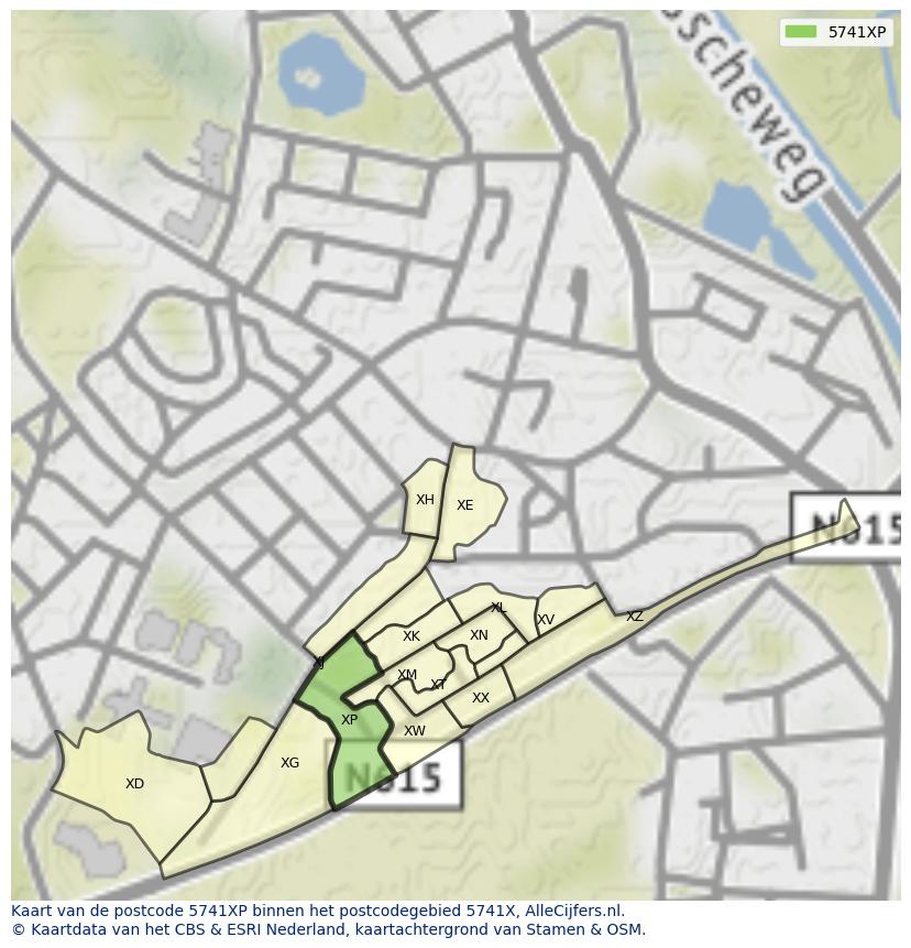Afbeelding van het postcodegebied 5741 XP op de kaart.
