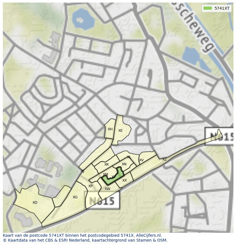 Afbeelding van het postcodegebied 5741 XT op de kaart.