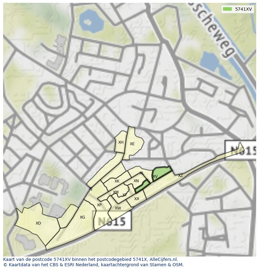 Afbeelding van het postcodegebied 5741 XV op de kaart.