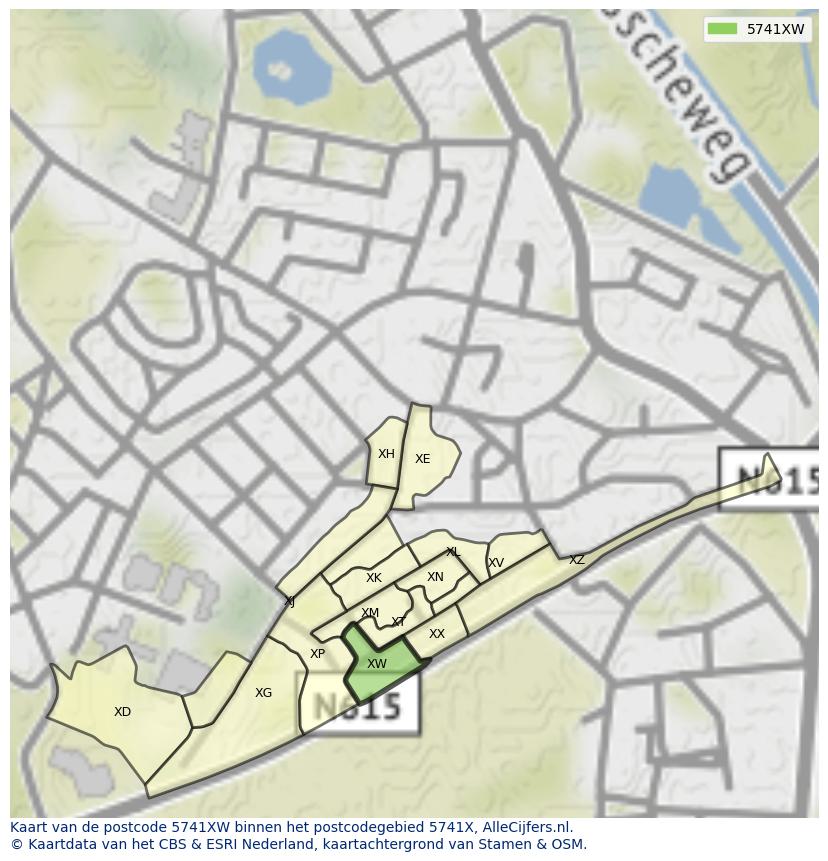 Afbeelding van het postcodegebied 5741 XW op de kaart.