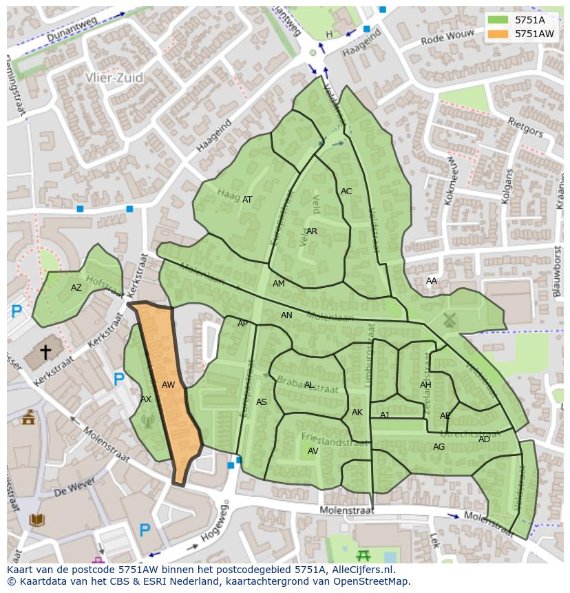 Afbeelding van het postcodegebied 5751 AW op de kaart.