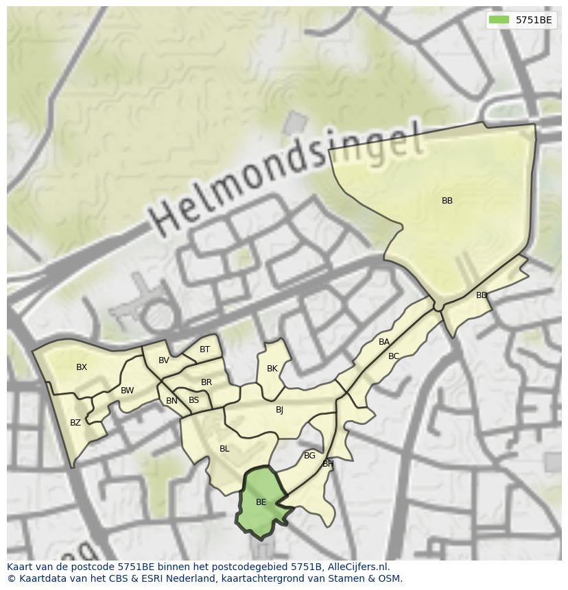 Afbeelding van het postcodegebied 5751 BE op de kaart.