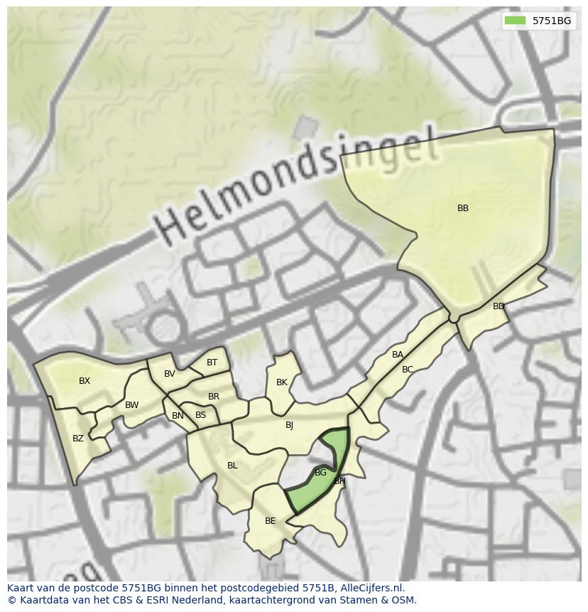 Afbeelding van het postcodegebied 5751 BG op de kaart.
