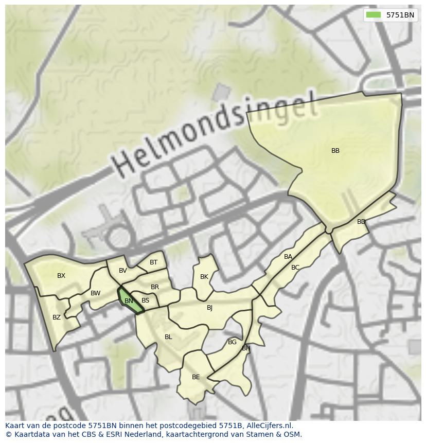 Afbeelding van het postcodegebied 5751 BN op de kaart.