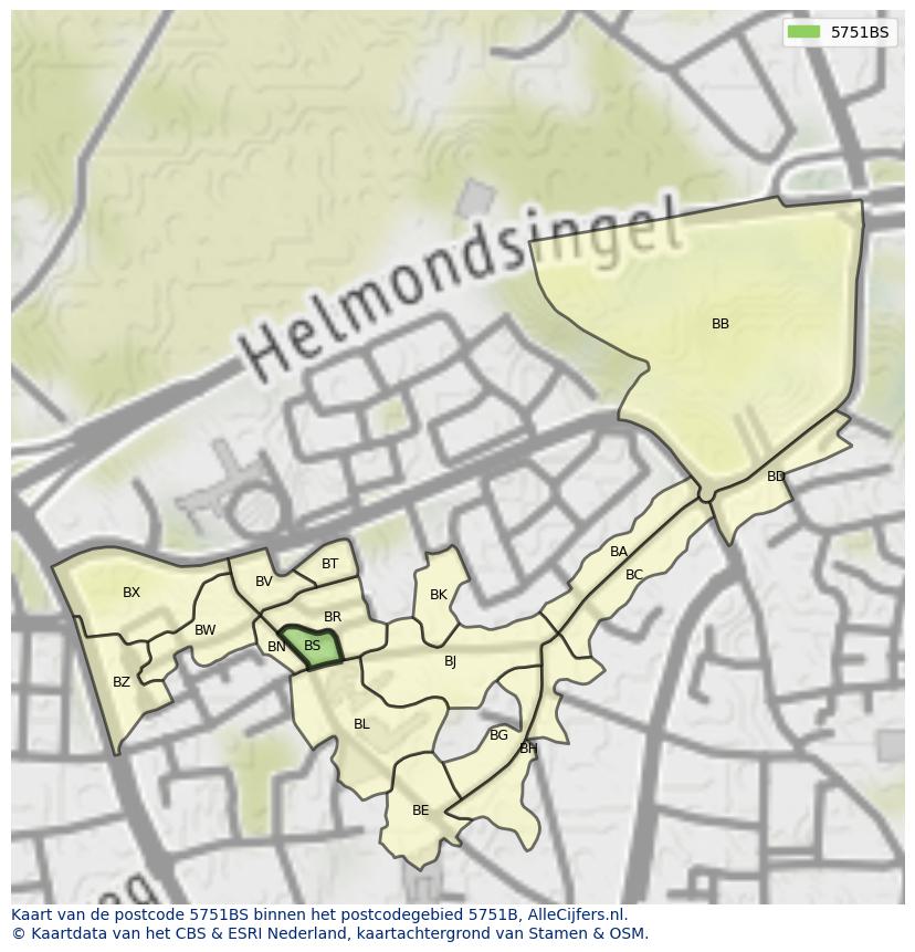 Afbeelding van het postcodegebied 5751 BS op de kaart.